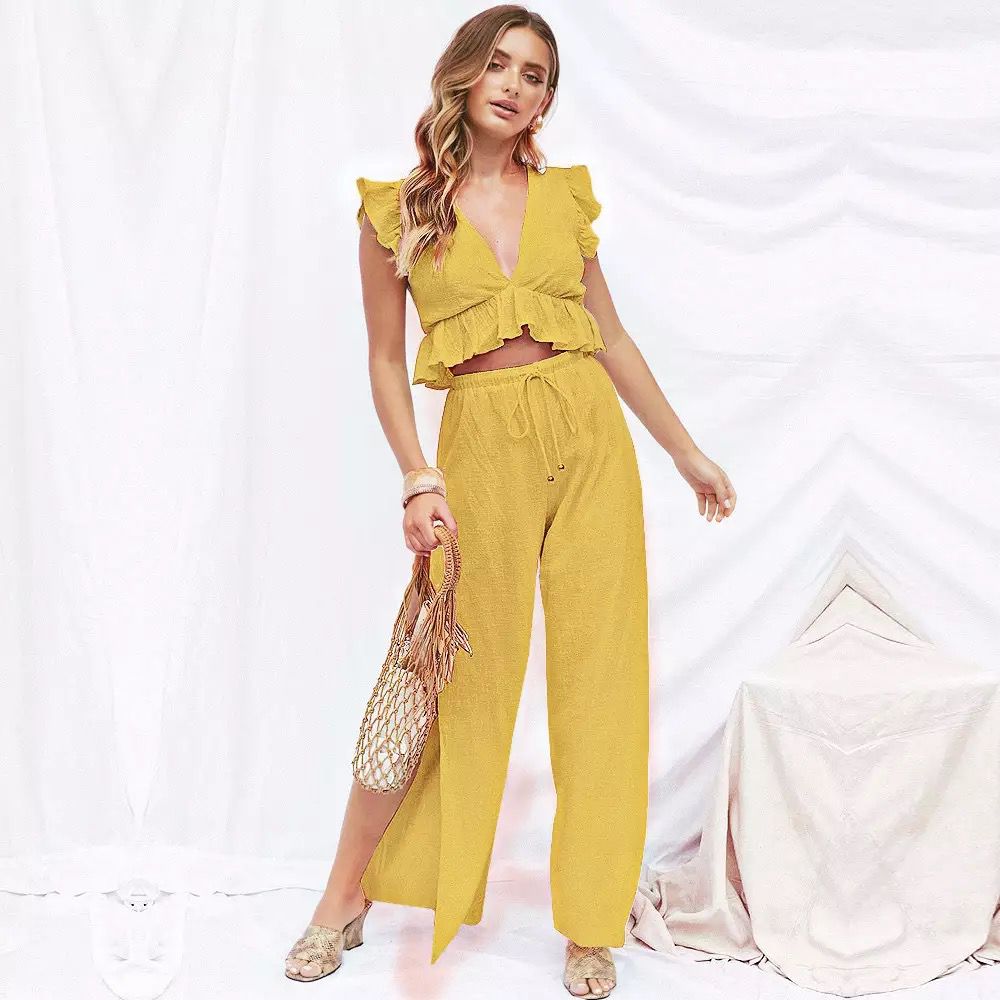 Yellow Two Piece Linen Style Set – Cloz Online